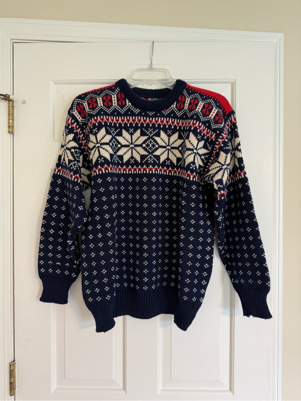 Dale of Norway Navy Crewneck Sweater with Red & Cream Fair Isle Pattern